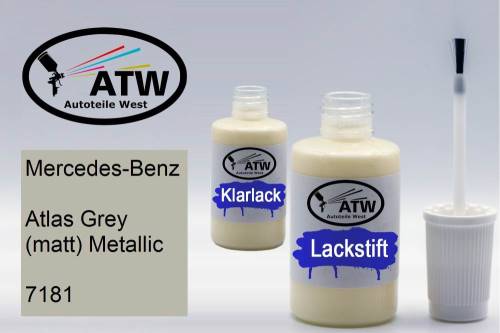 Mercedes-Benz, Atlas Grey (matt) Metallic, 7181: 20ml Lackstift + 20ml Klarlack - Set, von ATW Autoteile West.